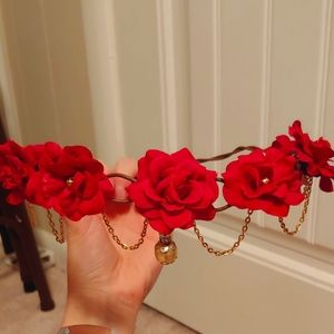 Red flower crown with chain & pearl